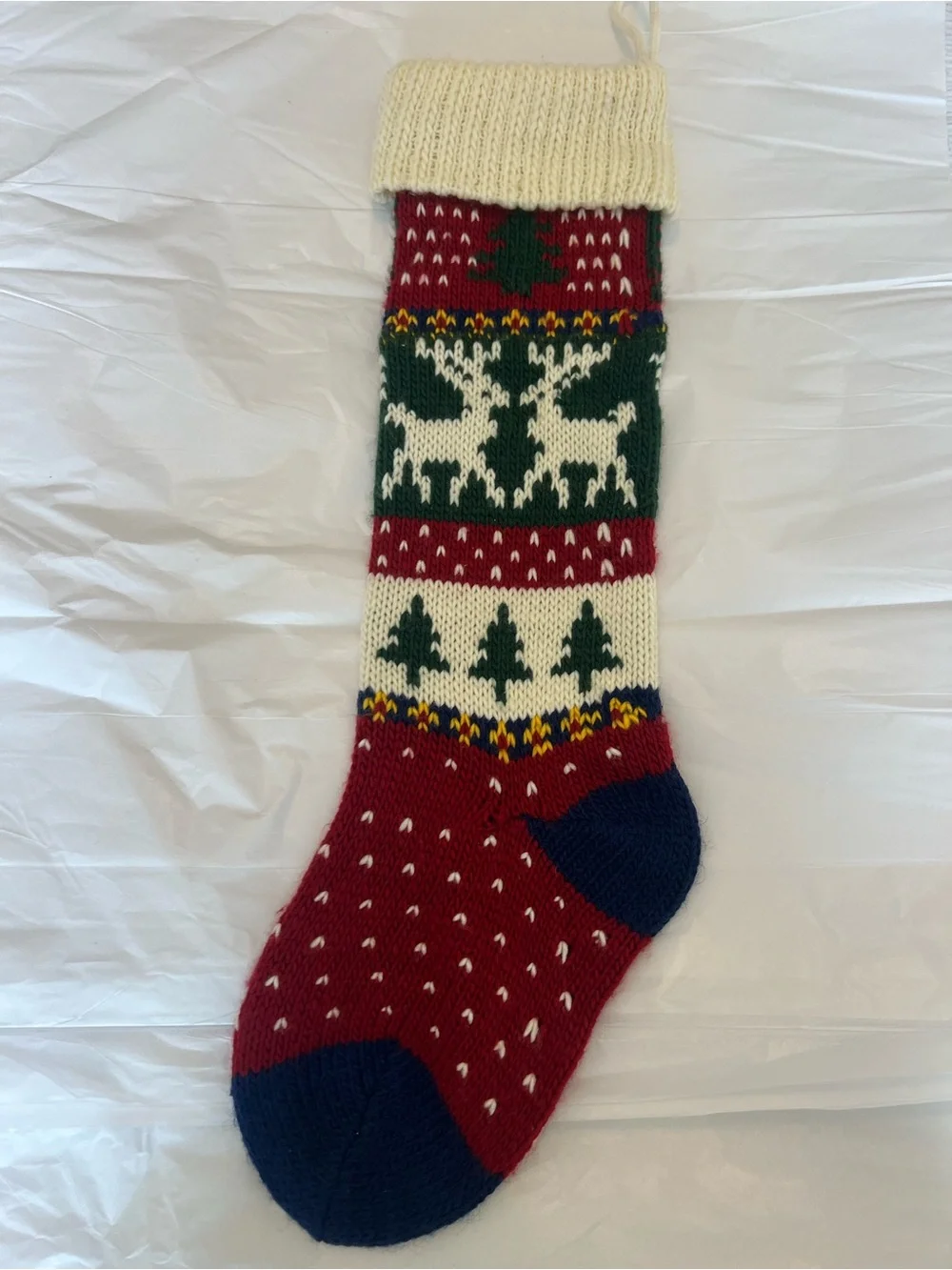 Holiday Knit Reindeer & Tree Christmas Stocking - Cream, Red, Green, Blue